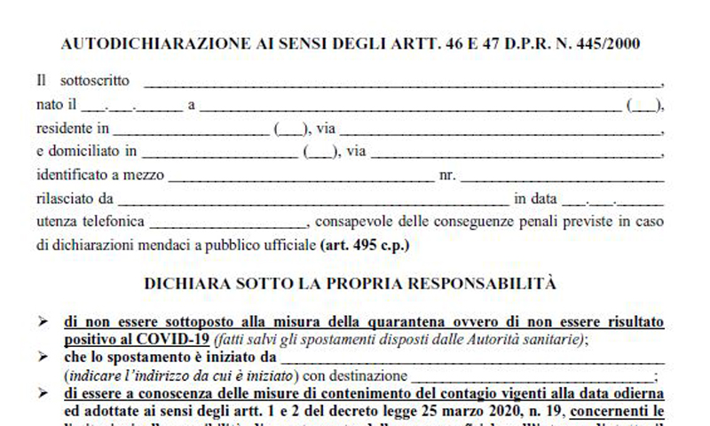 Il modulo per l’autocertificazione (sempre quello) per andare fuori regione
