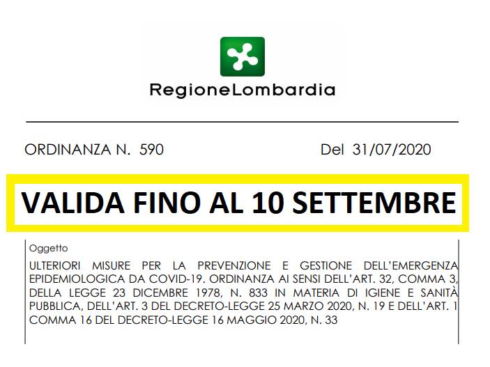 Nuova ordinanza di Regione Lombardia N. 590 “Ulteriori misure per la prevenzione e gestione dell’emergenza epidemiologica da Covid-19”