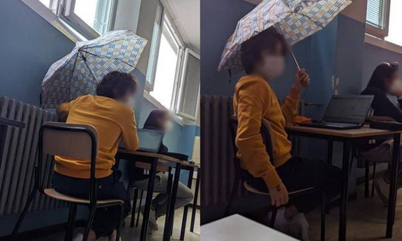 A scuola con le finestre aperte a causa del Covid… ci vuole l’ombrello