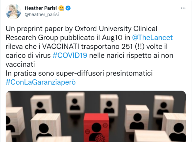Heather Parisi e il post No vax: “I vaccinati trasportano il virus 251 volte rispetto ai non vaccinati”