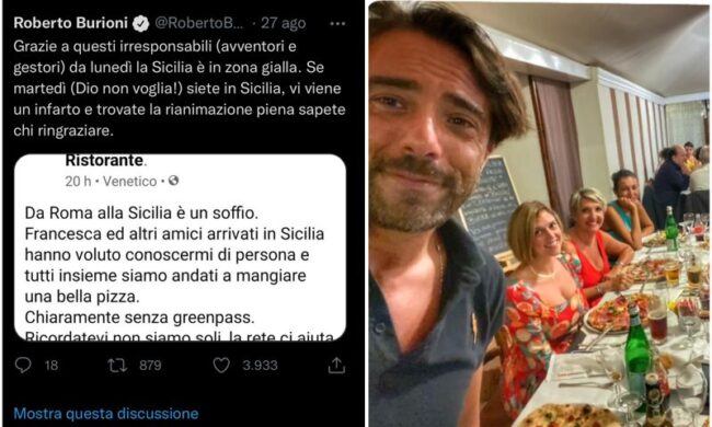 La cena “No Green pass”, la topica di Burioni che mette in crisi un ristoratore e le scuse (con invito a mangiare una pizza)