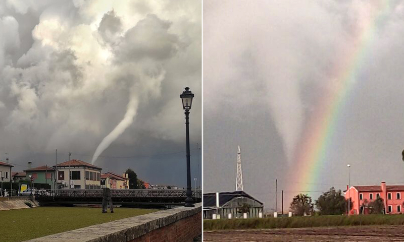 Le spettacolari immagini del tornado che abbraccia l’arcobaleno