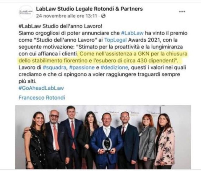 Gli avvocati di Gkn si vantano sui social per aver aiutato la multinazionale a licenziare i dipendenti