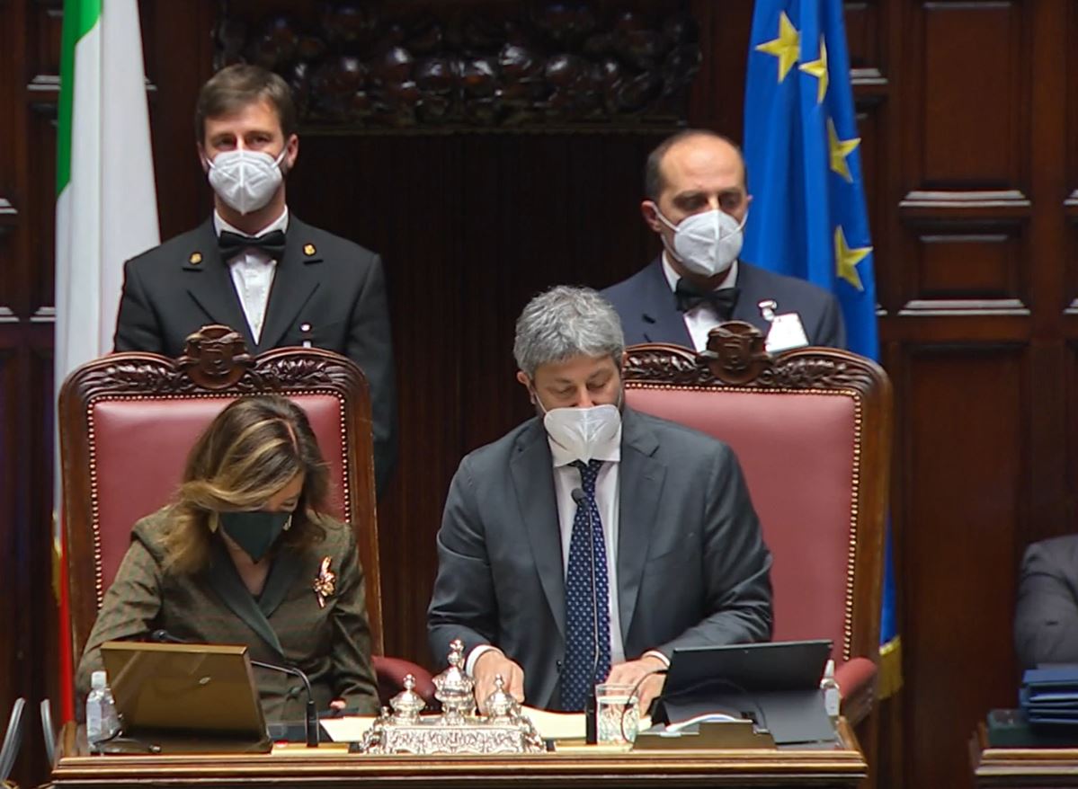 Il presidente della Camera Roberto Fico mentre introduce i lavori dell'Aula