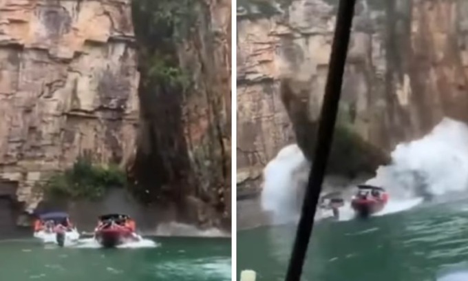 Il video shock della scogliera che frana sulle barche in Brasile