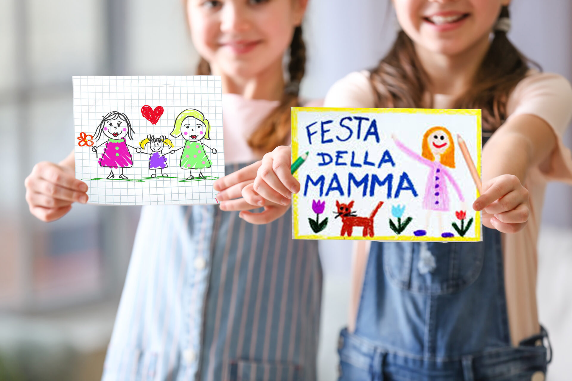 Little girls with greeting cards for Mother's Day at home