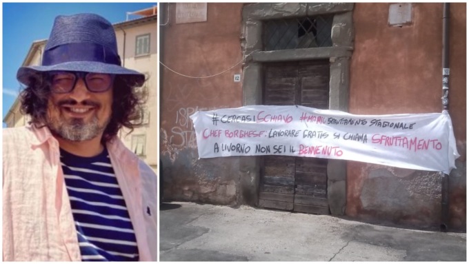 Striscione a Livorno contro lo chef Borghese: “Cercasi schiavo… lavorare gratis significa sfruttamento”