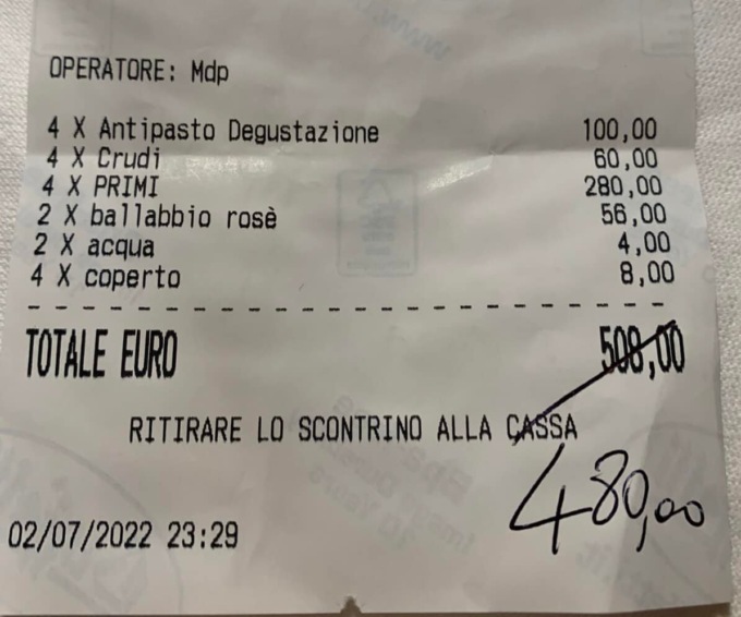 Conto di 508 euro: una mangiata di pesce da far invidia alla pizza di Briatore!