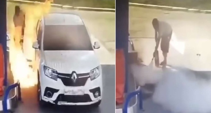 Accende una sigaretta mentre fa benzina e prende fuoco: il video