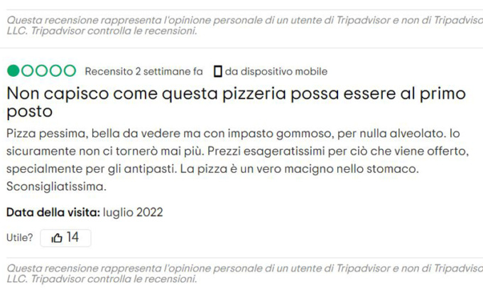 Alla terza recensione negativa su Tripadvisor, pizzaiolo non ci sta e fa partire le denunce
