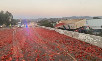 Camion perde carico da 150.000 pomodori: sette incidenti e feriti