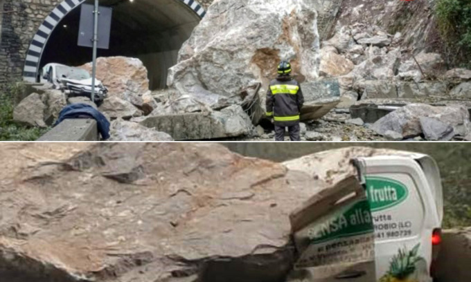 Frana a Lecco: furgone schiacciato dai macigni, miracolati zio e nipote