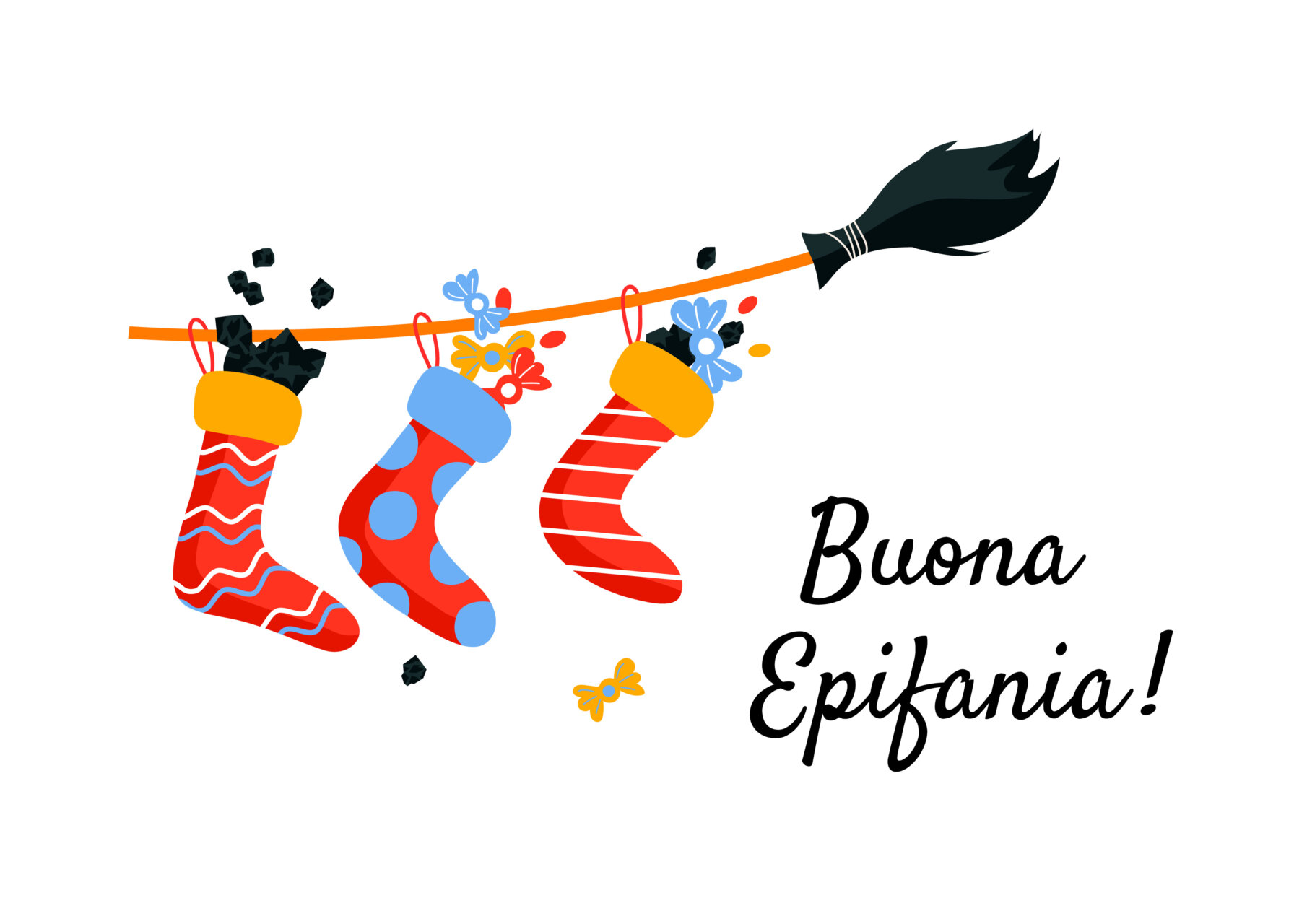 Good Epiphany. Greeting card with full socks of coals and sweets flying on broom.