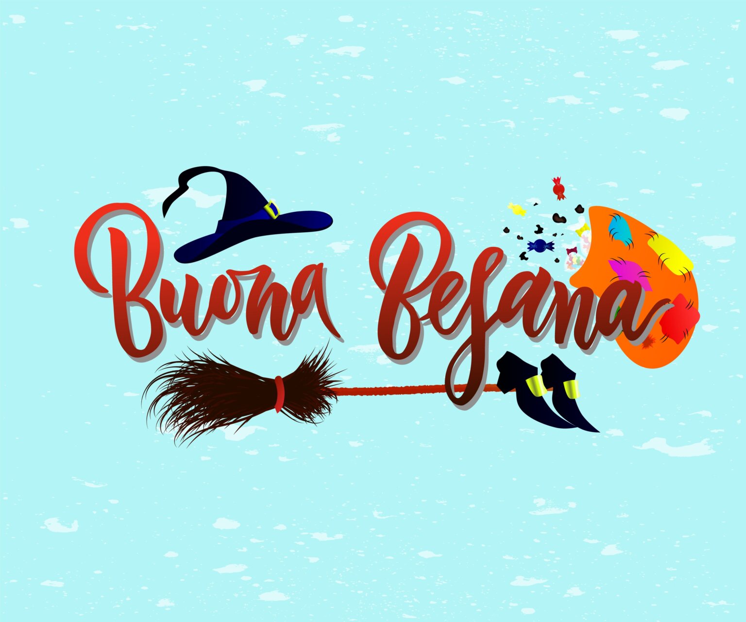 Hand written brush lettering phrase Buona Befana on blue