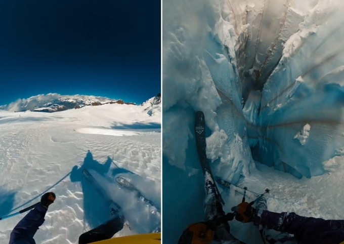 Crepaccio si apre sotto i piedi dello sciatore: il video impressionante