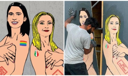 Già rimosso il murale con Meloni e Schlein ritratte nude e incinte in centro a Milano