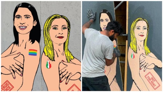 Già rimosso il murale con Meloni e Schlein ritratte nude e incinte in centro a Milano