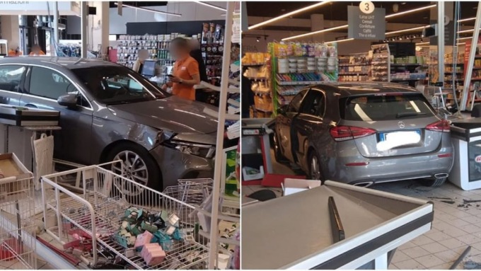 Novantenne con la Mercedes sfonda le vetrate del supermercato e piomba sulle casse