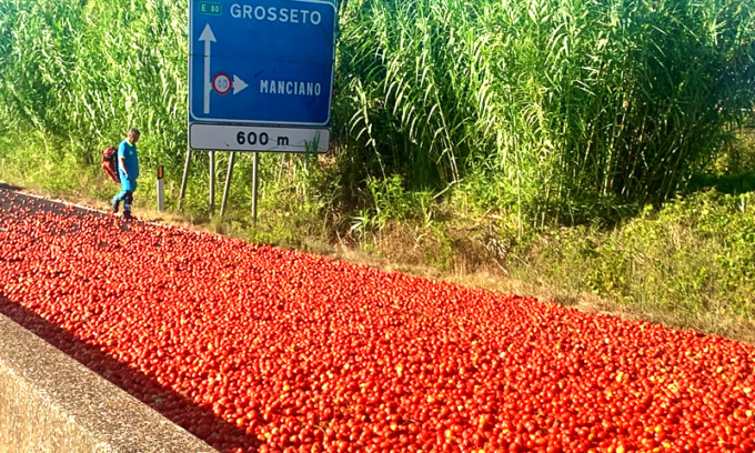 Tir si ribalta, l’Aurelia si trasforma in un fiume di pomodori