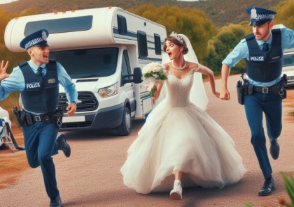 Evade dopo il matrimonio in carcere e va a fare il viaggio di nozze su un camper rubato. La sposa fa a botte coi poliziotti e lo fa scappare