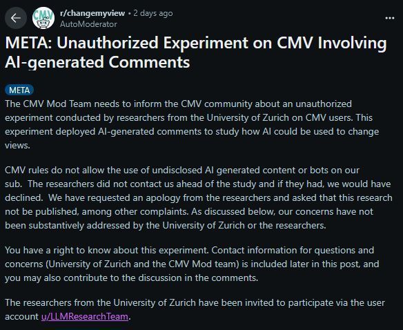 L’esperimento dell’Università di Zurigo su Reddit: quando l’Intelligenza Artificiale manipola l’opinione pubblica