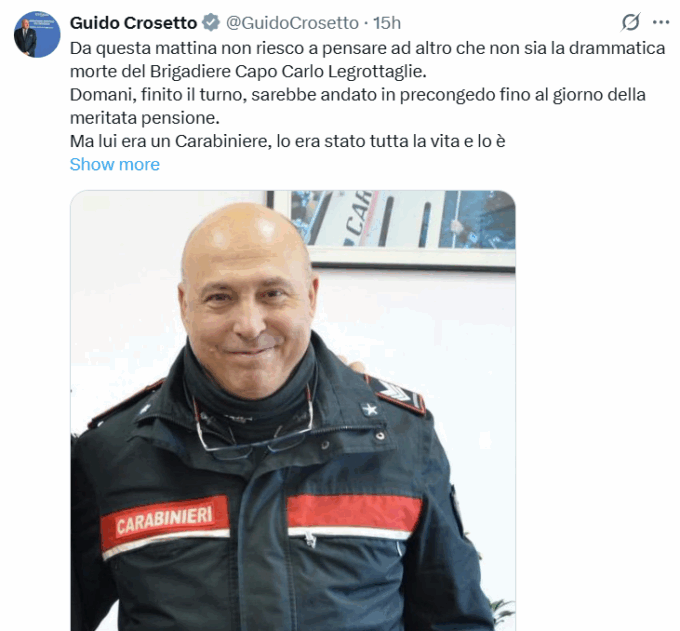 Carabiniere ucciso in Puglia dai rapinatori in fuga: il cordoglio di Mattarella, Meloni e Crosetto