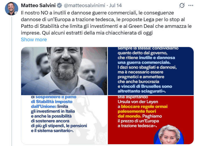 Dazi USA, Salvini: “Rido all’idea che qualcuno parli a Trump di bazooka"