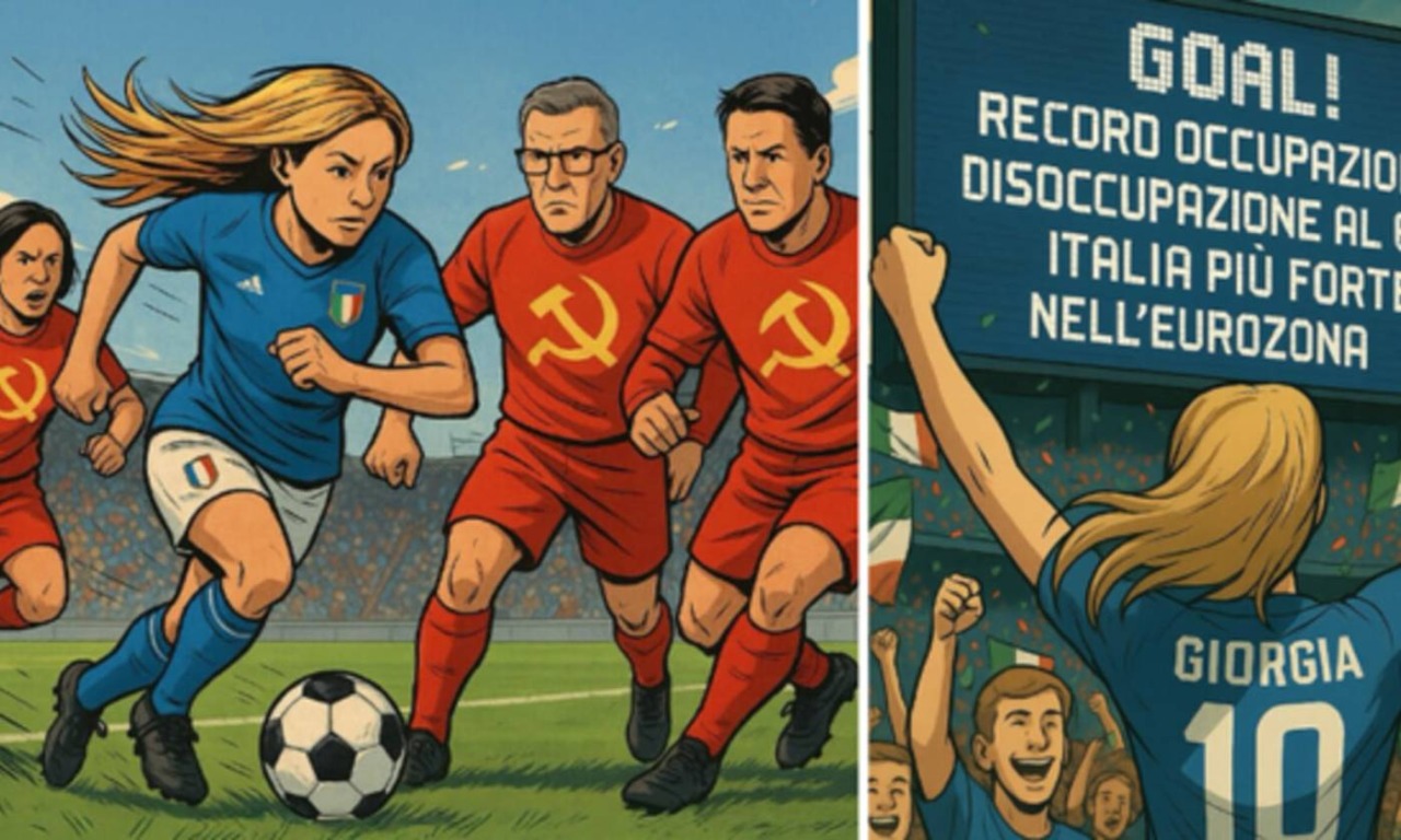Meloni “bomber” dribbla Schlein, Conte e Landini