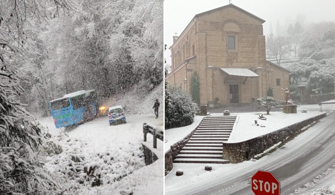 Neve in Lombardia tra magia e disagi: bus di studenti di traverso a ridosso di una scarpata. Le foto