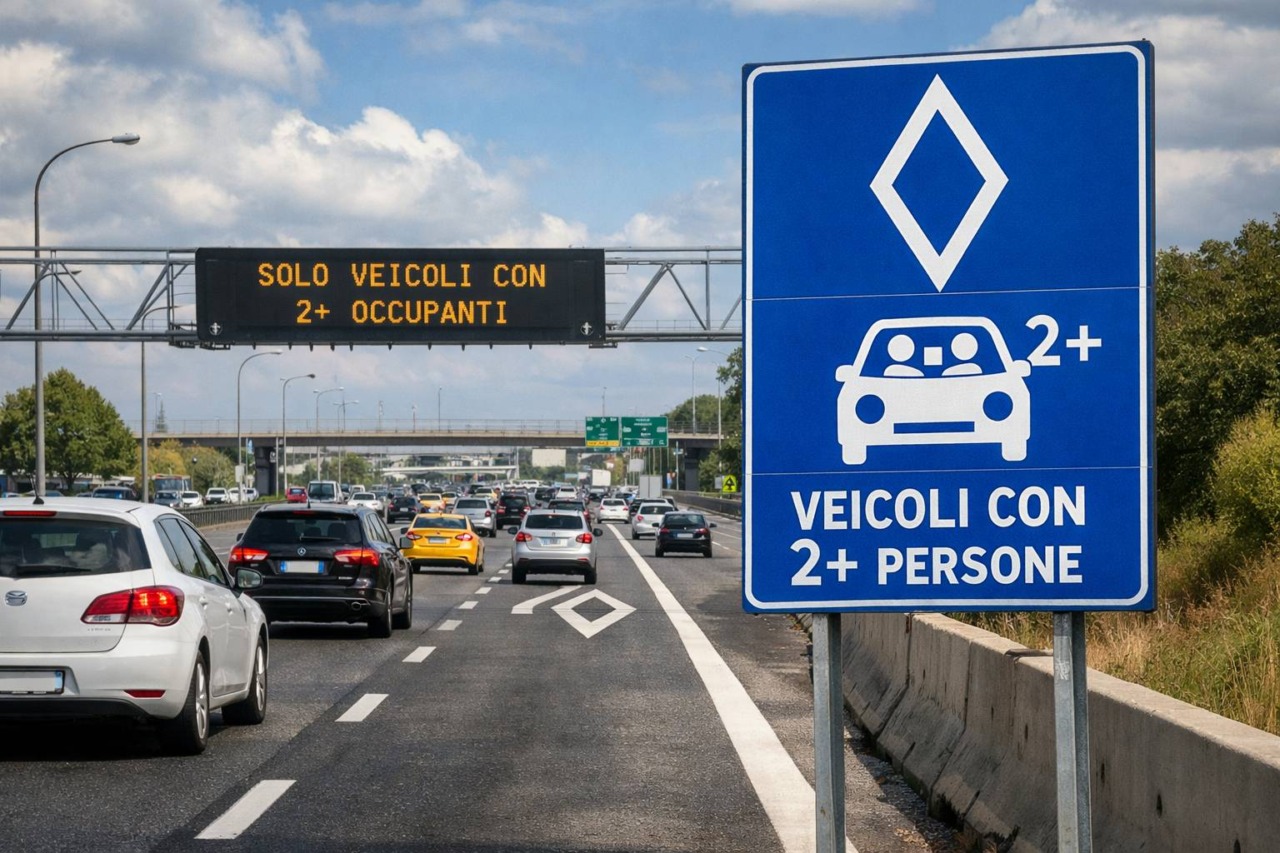 Nuovo cartello stradale con rombo bianco: cosa significa (e chi può usare la corsia “Hov”)