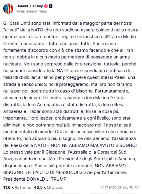 Trump attacca ancora la Nato: "Non fa niente per noi, ma non ci serve"