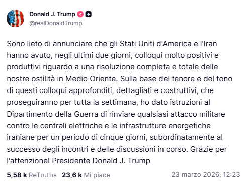 Trump annuncia sospensione attacchi alle centrali energetiche iraniane per 5 giorni. Teheran smentisce "Non c'è alcun negoziato"