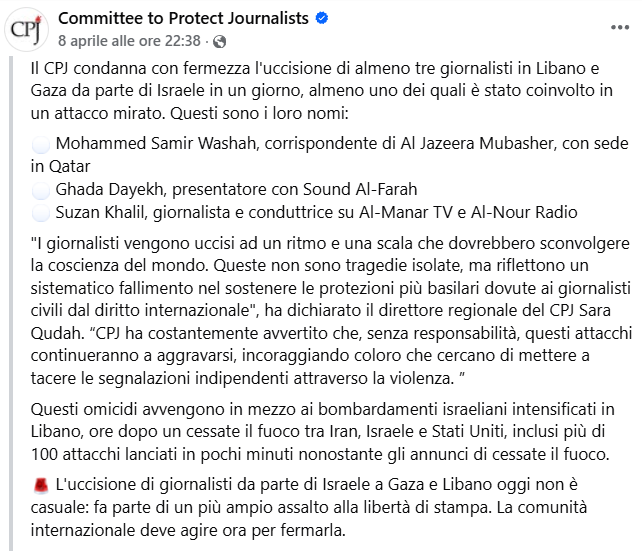 Comitato protezione giornalisti: "Nel 2025 due terzi dei cronisti nel mondo uccisi da Israele"