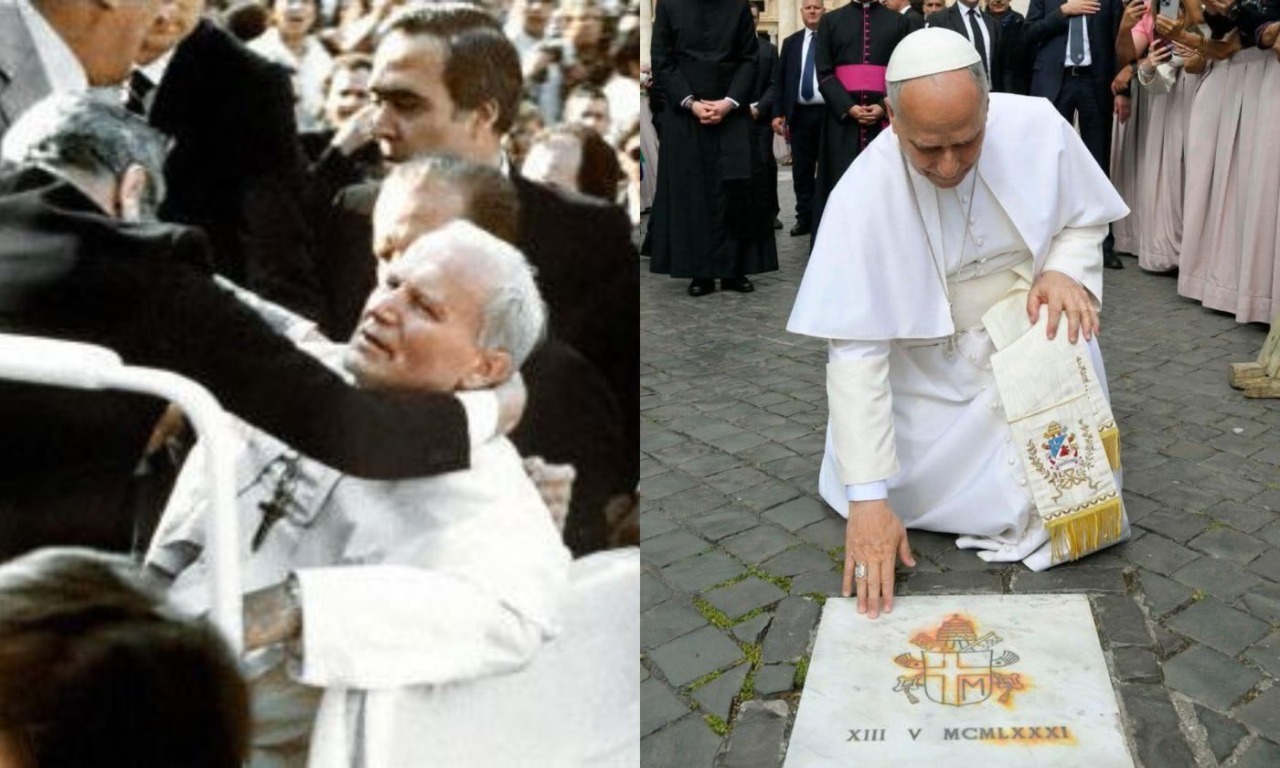 Papa Leone XIV si inginocchia sul luogo dell’attentato a Paolo Giovanni II avvenuto 45 anni fa