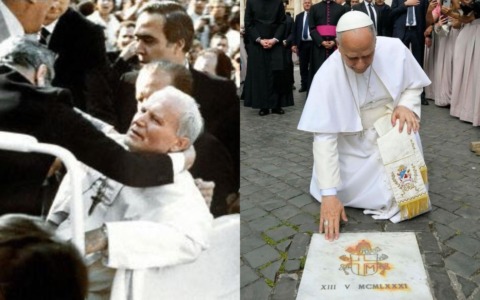 Papa Leone XIV si inginocchia sul luogo dell’attentato a Paolo Giovanni II avvenuto 45 anni fa