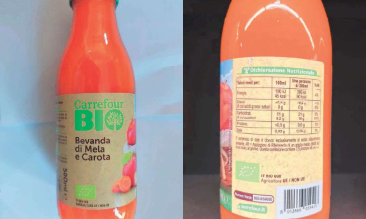 Attenzione al frammento di vetro nella bevanda Carrefour Bio alla mela e carota
