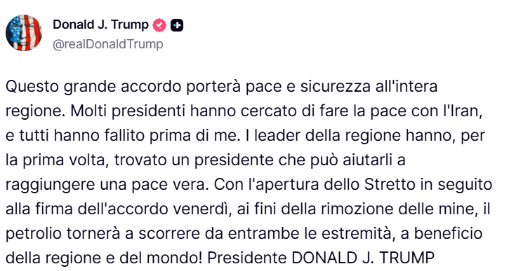 Trump annuncia l'accordo completo con l'Iran, la firma venerdì in Svizzera