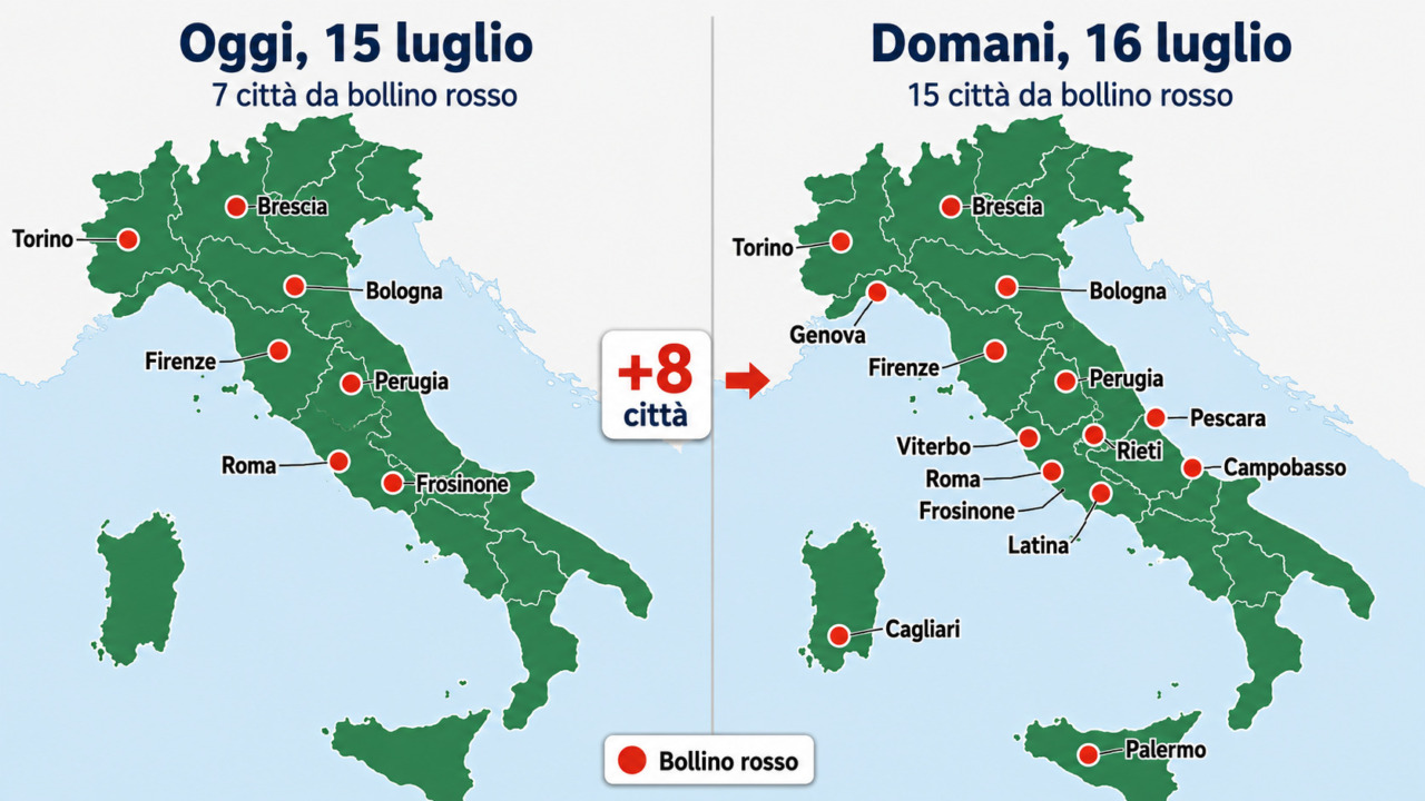 Caldo, domani passano da 7 a 15 le città da bollino rosso: quali sono