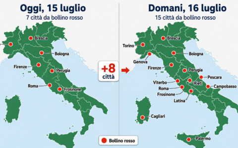Caldo, domani passano da 7 a 15 le città da bollino rosso: quali sono