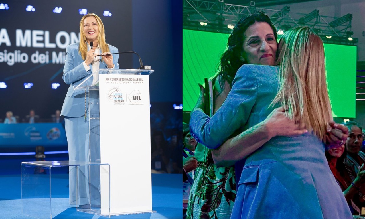 Meloni al congresso UIL a Padova: l’abbraccio con la mamma di Luana D’Orazio